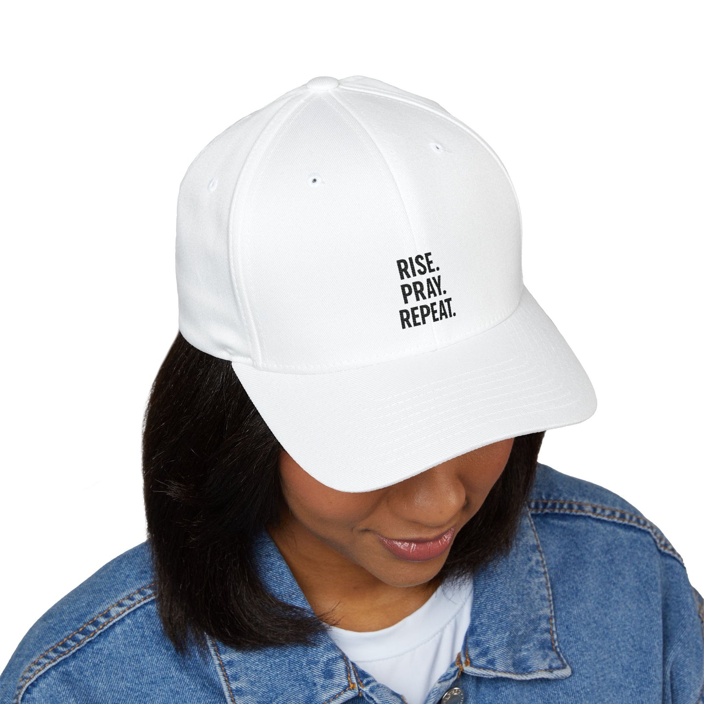 Pray & Rise Cap - Motivational Closed-Back Hat for Faith, Spirituality, Gifts, Daily Inspiration, Embroidered Apparel
