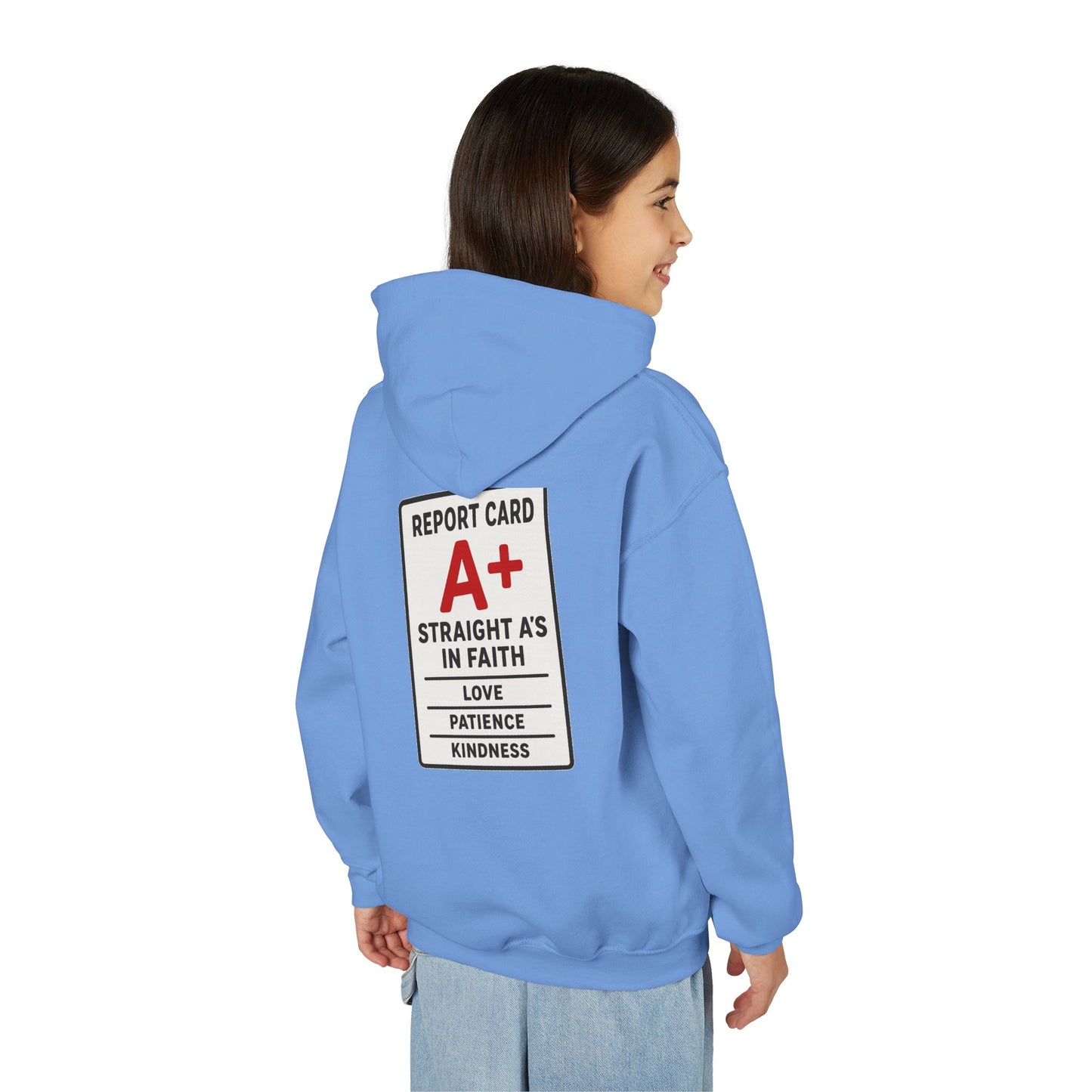 Straight A's -Faith-Focused Youth Hoodie for Encouragement, Youth Sweatshirt, Inspirational Gift, Confirmation, Back to School Apparel, Report Card Design