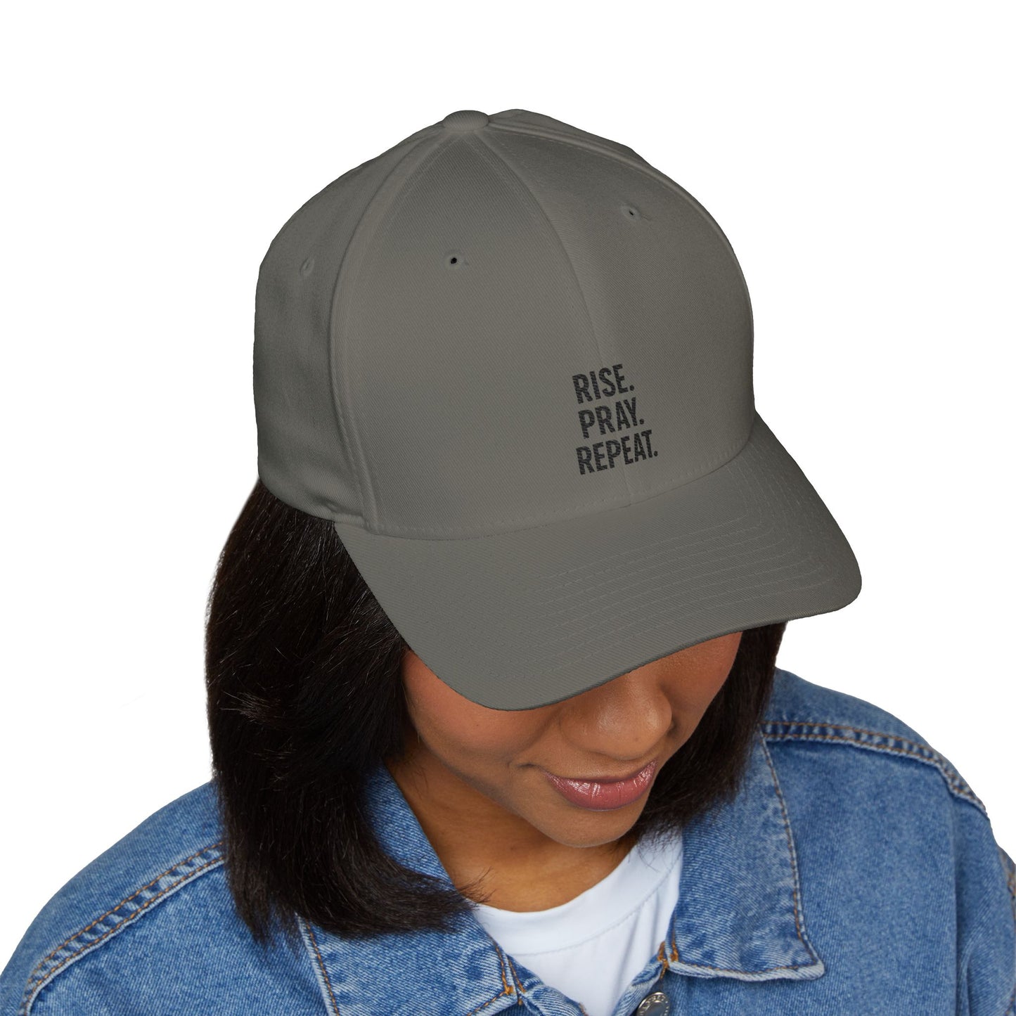Pray & Rise Cap - Motivational Closed-Back Hat for Faith, Spirituality, Gifts, Daily Inspiration, Embroidered Apparel