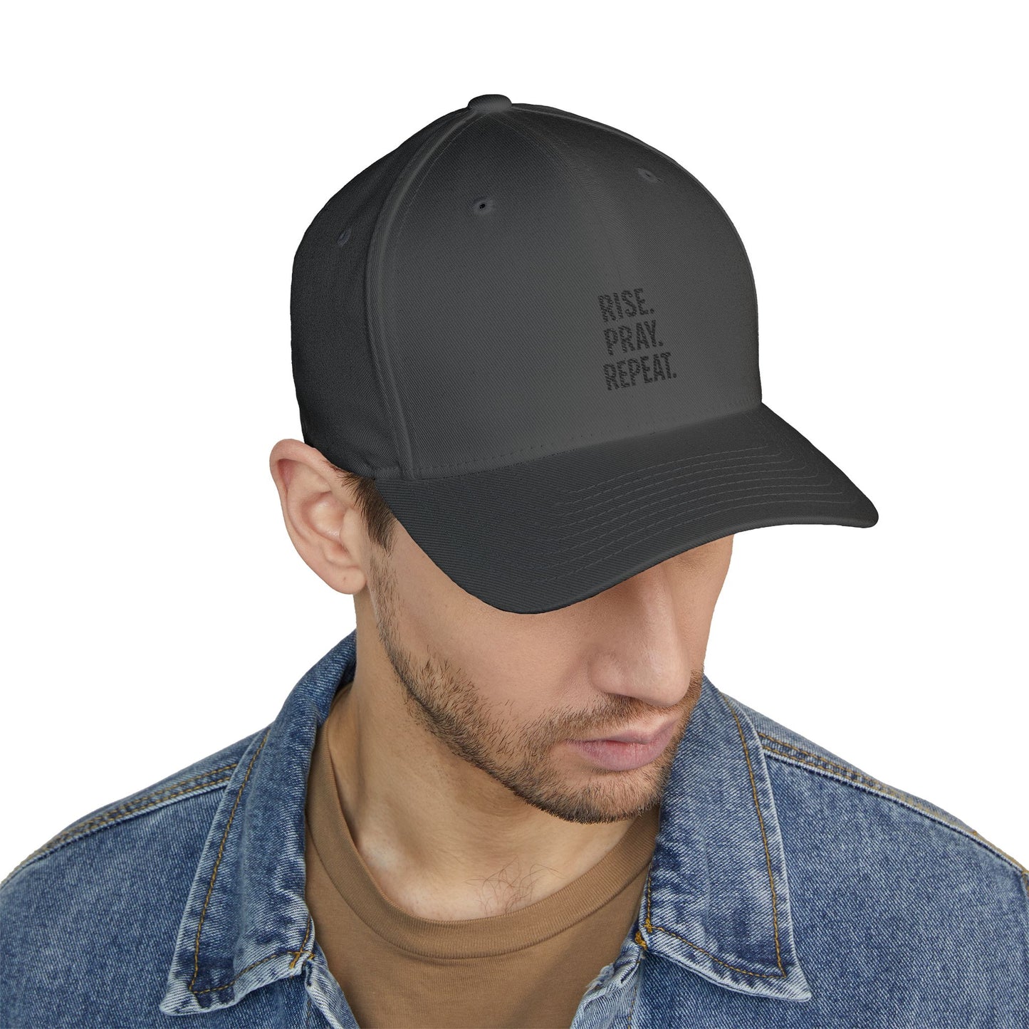 Pray & Rise Cap - Motivational Closed-Back Hat for Faith, Spirituality, Gifts, Daily Inspiration, Embroidered Apparel