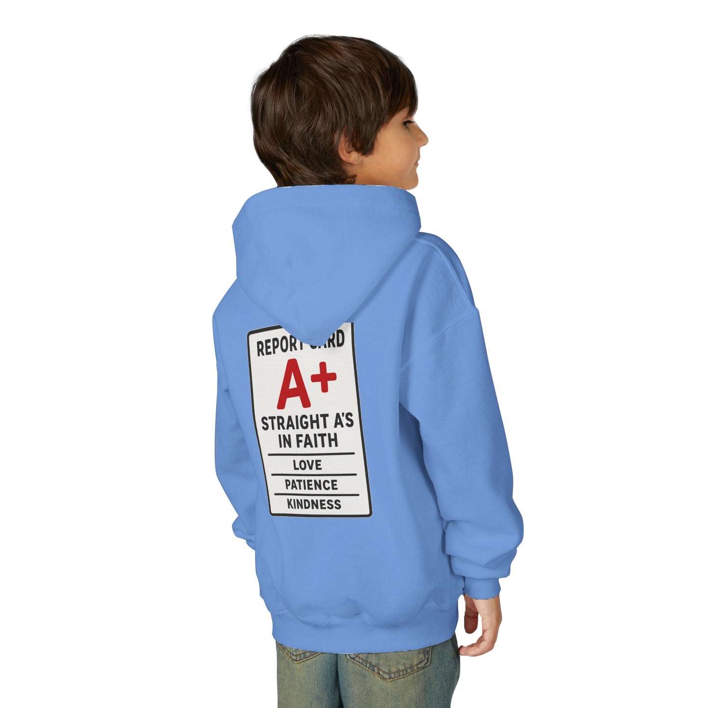 Straight A's -Faith-Focused Youth Hoodie for Encouragement, Youth Sweatshirt, Inspirational Gift, Confirmation, Back to School Apparel, Report Card Design
