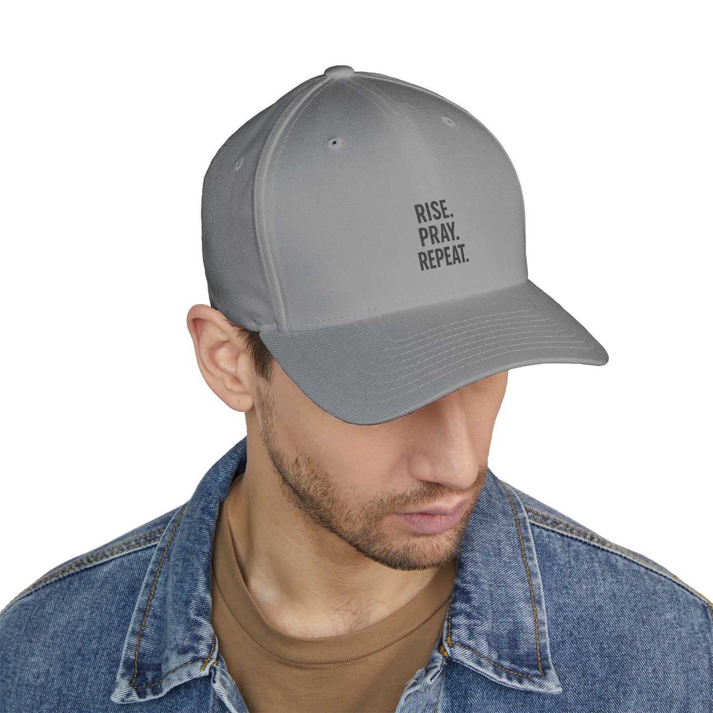 Pray & Rise Cap - Motivational Closed-Back Hat for Faith, Spirituality, Gifts, Daily Inspiration, Embroidered Apparel