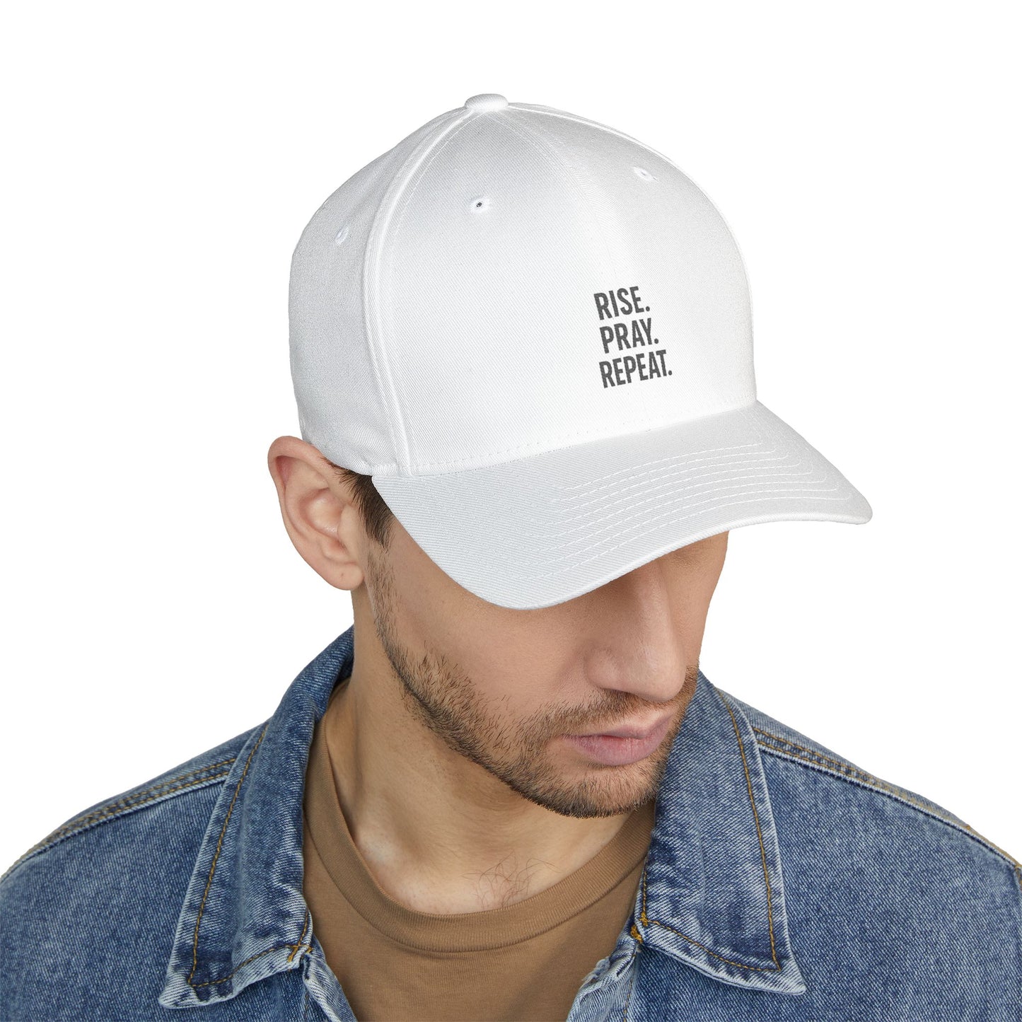 Pray & Rise Cap - Motivational Closed-Back Hat for Faith, Spirituality, Gifts, Daily Inspiration, Embroidered Apparel