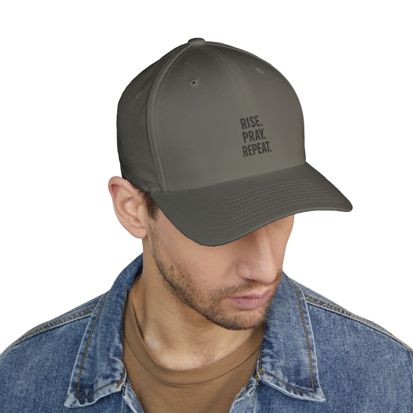 Pray & Rise Cap - Motivational Closed-Back Hat for Faith, Spirituality, Gifts, Daily Inspiration, Embroidered Apparel
