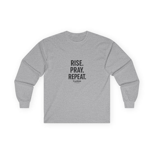 Inspirational Long Sleeve Tee | RISE. PRAY. REPEAT. | Faith-Based Apparel, Everyday Wear, Gift for Him/Her, Spiritual Motto, Cozy Shirt