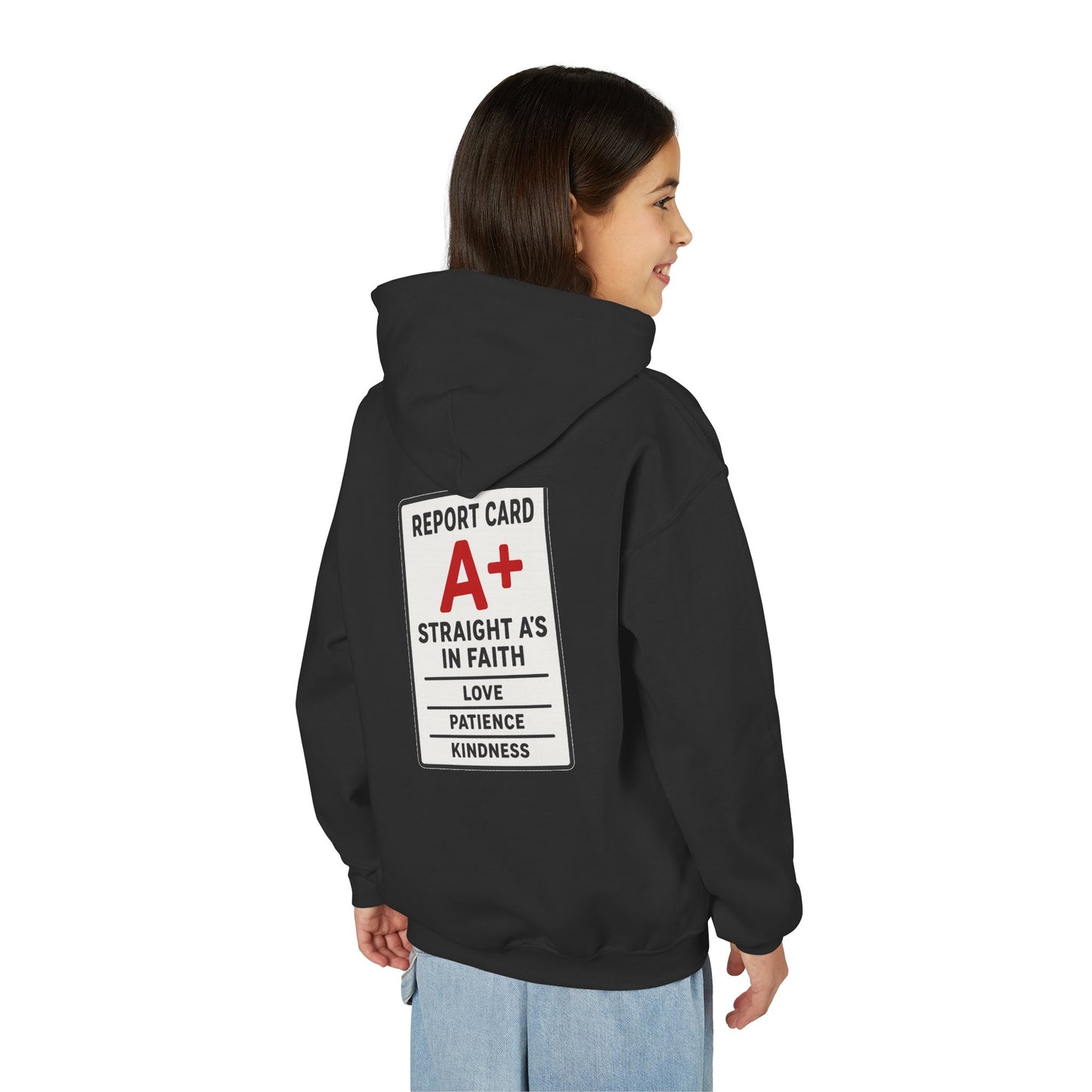 Straight A's -Faith-Focused Youth Hoodie for Encouragement, Youth Sweatshirt, Inspirational Gift, Confirmation, Back to School Apparel, Report Card Design