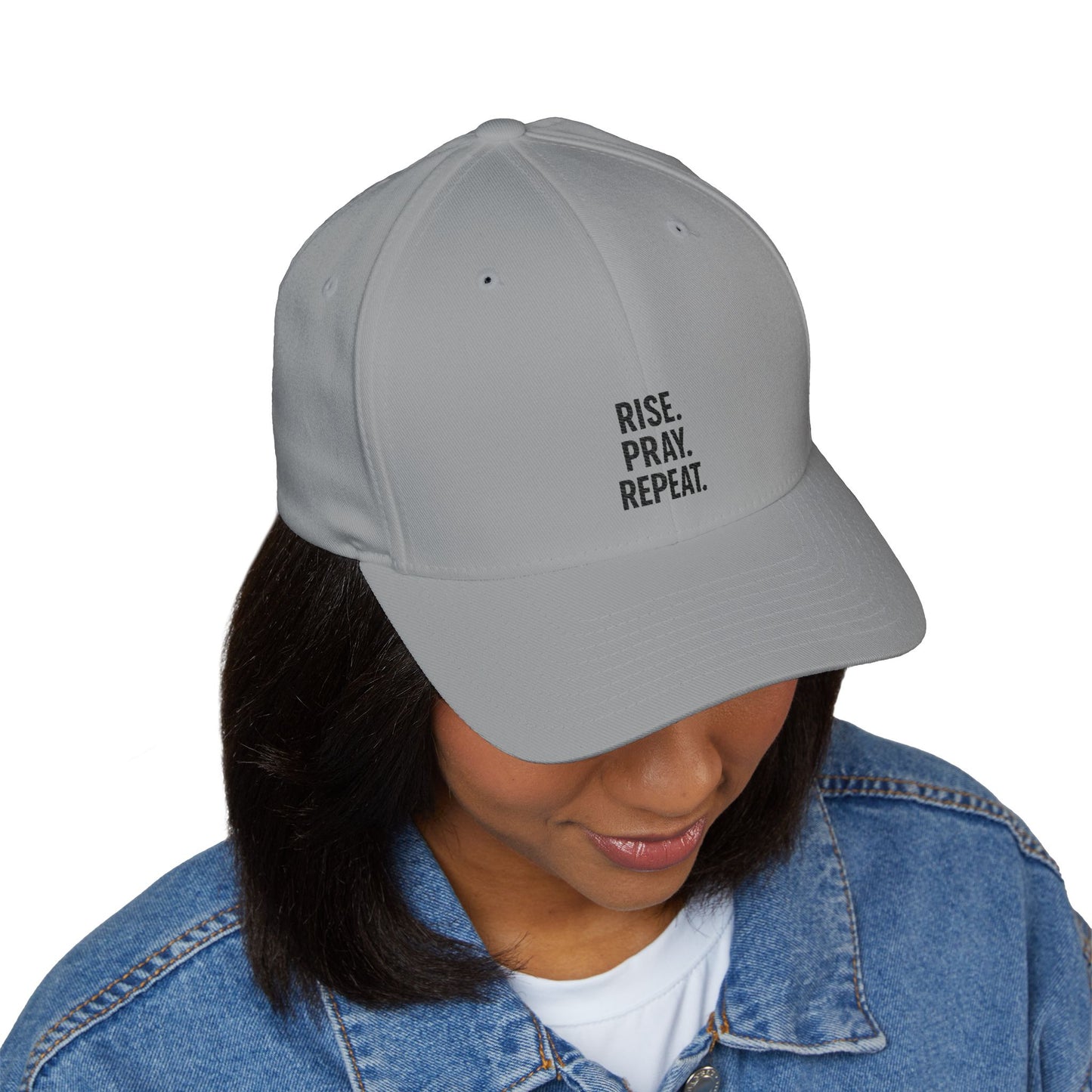 Pray & Rise Cap - Motivational Closed-Back Hat for Faith, Spirituality, Gifts, Daily Inspiration, Embroidered Apparel