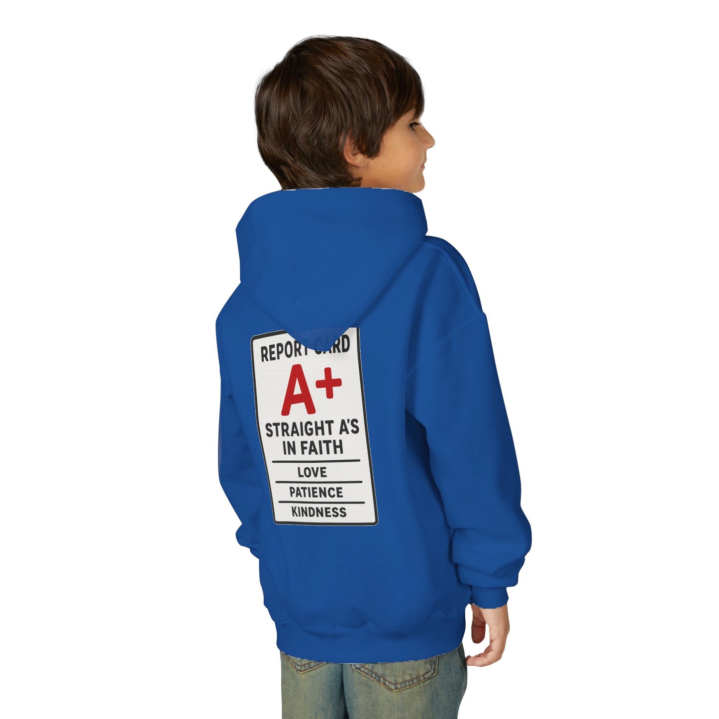 Straight A's -Faith-Focused Youth Hoodie for Encouragement, Youth Sweatshirt, Inspirational Gift, Confirmation, Back to School Apparel, Report Card Design