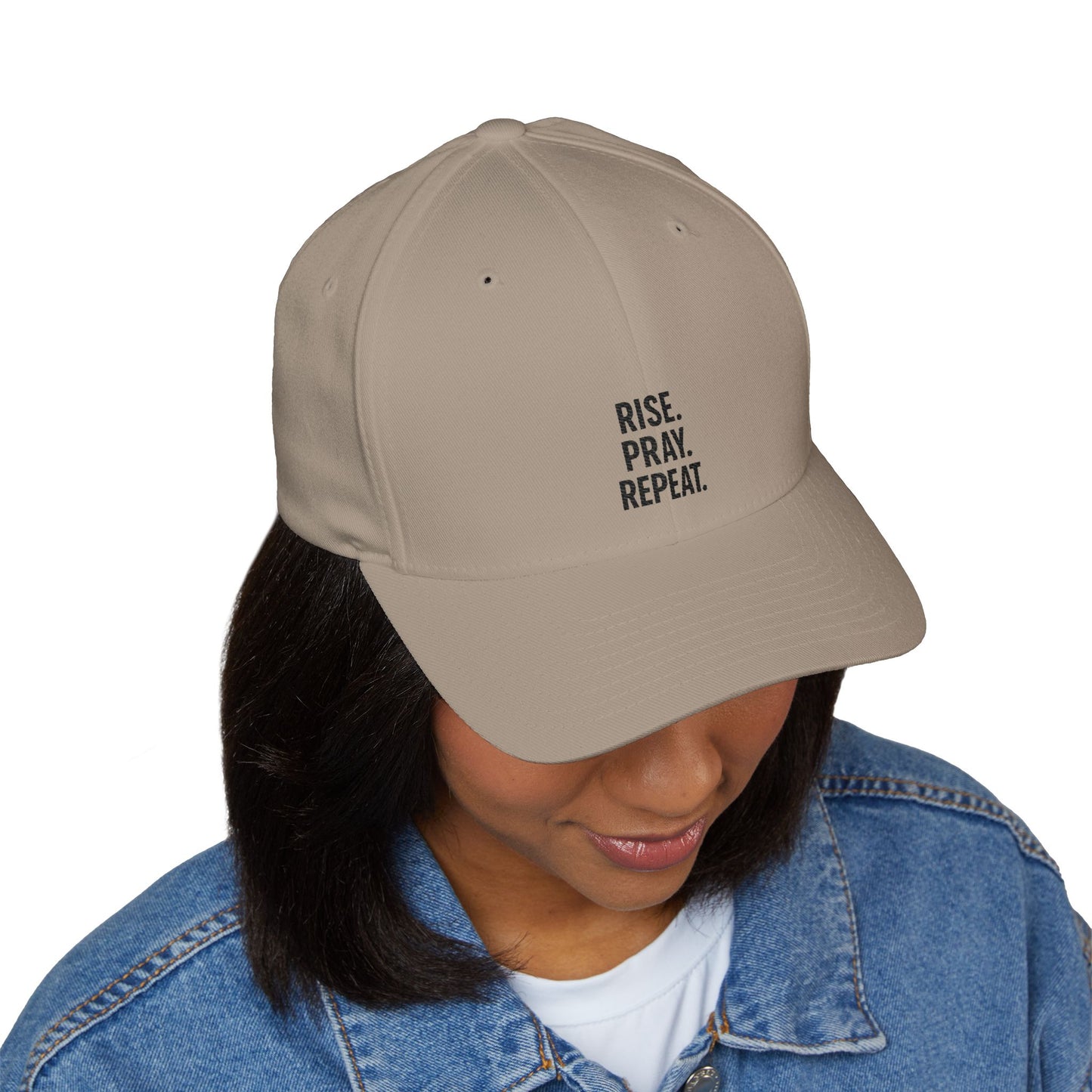 Pray & Rise Cap - Motivational Closed-Back Hat for Faith, Spirituality, Gifts, Daily Inspiration, Embroidered Apparel