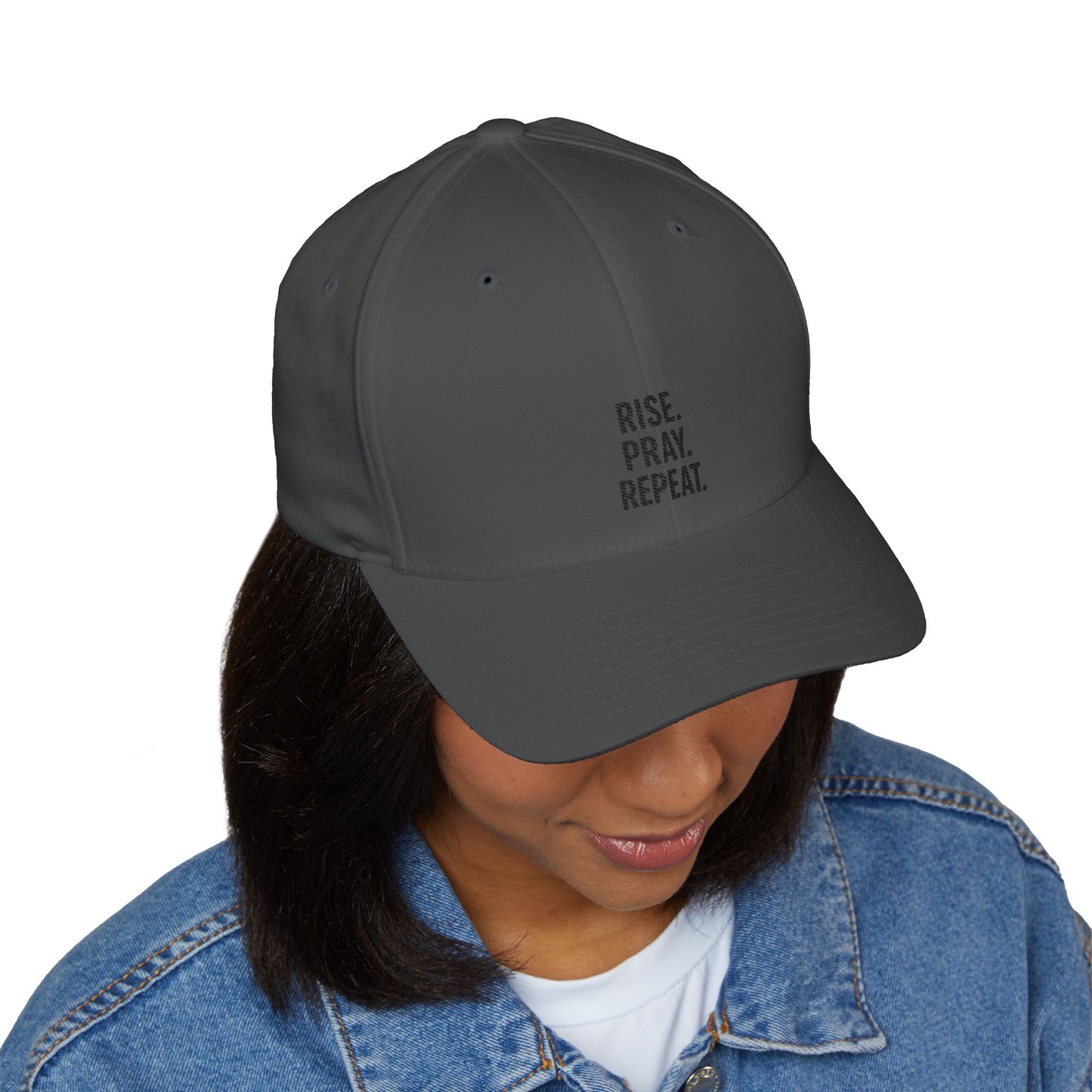 Pray & Rise Cap - Motivational Closed-Back Hat for Faith, Spirituality, Gifts, Daily Inspiration, Embroidered Apparel